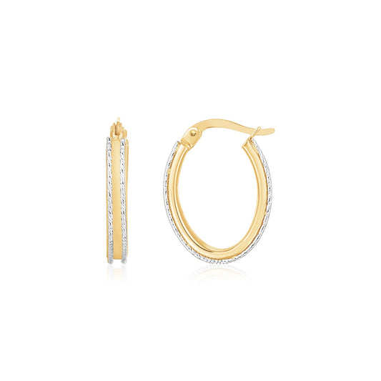 14K Two Tone Gold Diamond Cut Oval Hoop Earrings